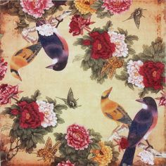 a painting of birds and flowers on a beige background