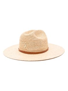 beige raffia leather trim cowboy style gold-tone logo plaque interwoven design centre-dent crown wide brim Luxury Flat Brim Straw Hat For Summer, Luxury Straw Hat With Curved Brim For Spring, Luxury Brimmed Straw Hat For Spring, Gold Chic Straw Hat With Flat Brim, Luxury Curved Brim Straw Hat For Spring, Chic Gold Straw Hat With Flat Brim, Luxury Straw Hat For Beach, Luxury Beige Straw Hat With Wide Brim, Luxury Brimmed Panama Hat For Spring