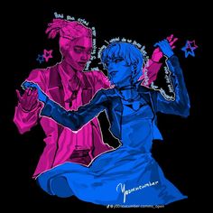 an image of two people dancing together in the night time with pink and blue colors