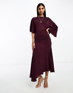 Kleid von ASOS DESIGN POV: Du hast etwas Besonderes vor Rundhalsausschnitt Flatterärmel Reißverschluss hinten Normale Passform Dark Purple Dress Sleeves, Casual Dress Attire, Modest Fits, Purple Midi Dress, Flutter Sleeve Dress, Business Dresses, Flutter Sleeves, Asymmetric Hem, Satin Dresses