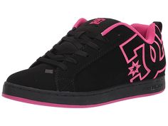 DC Court Graffik W - Women's Skate Shoes : Black/Black/Pink : A modern classic, the DC Court Graffik W casual shoes deliver with a clean silhouette and bold logo detail. Casual sneakers with heavy-duty suede, sturdy action nubuck, or soft and resilient action leather upper for abrasion-resistance and durability. Foam-padded tongue and collar for added comfort and support. Textile lining offers breathability. Internal elastic tongue holders for added foot stability. Rubber cupsole with iconic pil Cheap Casual Pink Skate Shoes, Casual Pink Skate Shoes For Streetwear, Dc Shoes Aesthetic, Trendy Pink Low-top Skate Shoes, Pink Dc Shoes, Pink Low-top Sporty Skate Shoes, Black And Pink Dc Shoes, Tenis Dc, Dc Shoes Women