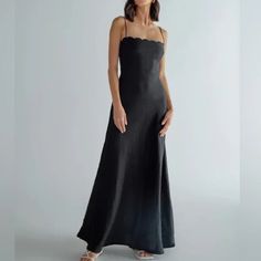 Free People X Summer Away Napa Linen Scalloped-Neck Maxi Dress In Black Size Medium. New With Tags. Straight Neckline - Embroidery Detail At Neck - Sleeveless - Side Zipper - Full Length - Slim Fit Black Wedding Guest Dresses, Neckline Embroidery, Straight Neckline, Black Wedding, Embroidery Details, Free People Dresses, Wedding Guest Dress, Side Zipper, Full Length