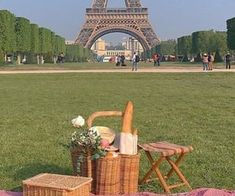 a picnic in front of the eiffel tower with flowers and bread on a blanket