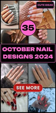 October Nails Ideas Simple, Halloween Nails 2024 Almond, Simple October Nail Designs, Elegant October Nails, Halloween Nail Ideas 2024, October Gel Nail Ideas