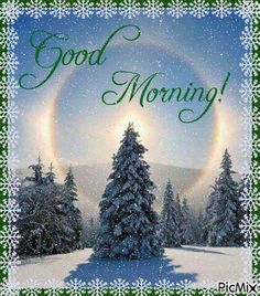 a christmas card with the words good morning in front of snow covered trees and moon