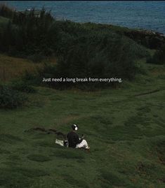 a man sitting on top of a lush green field next to the ocean with a quote above him