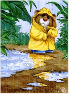 a painting of a hamster wearing a yellow raincoat