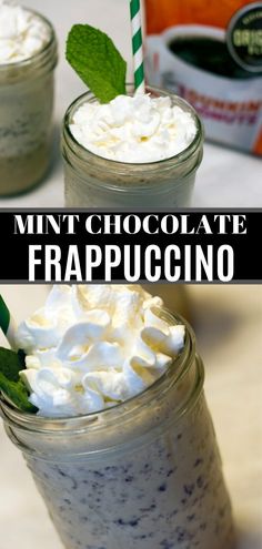 two mason jars filled with whipped cream and mint chocolate frappuccino on a table