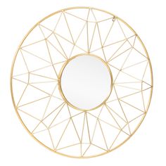 a gold circular mirror with geometric lines around it and a white round mirror in the middle