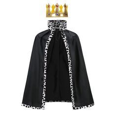 a black cape with a crown on top and white polka dots around the cape,