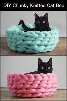 two pictures of a black cat in a pink and blue yarn bed with caption that reads diy chunk knitted cat bed