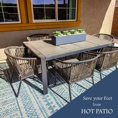 an outdoor table and chairs on a patio with the words save your feet from hot patio furniture