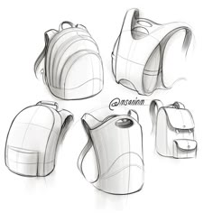 some sketches of backpacks and purses on a white background