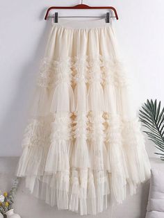 Women's Summer Elegant Single-Colored Multi-Layer Asymmetrical Tulle A-Line Skirt Beige Casual   Woven Fabric Plain Layered/Tiered Non-Stretch  Women Clothing, size features are:Bust: ,Length: ,Sleeve Length: Gonna In Tulle, Summer Elegant, High Design, Khaki Fashion, Spring Fabric, Higher Design, Look Fashion, A Line Skirts, Fashion Inspo Outfits