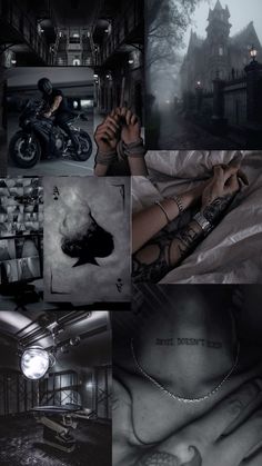 a collage of photos with black and white images, including a person on a motorcycle