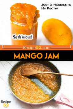 mango jam in a glass jar and an orange next to it with the recipe below