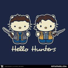 two hello kitty stickers with the words hello hunters in white lettering on a blue background