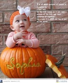 a baby sitting on top of a pumpkin with the word splish written on it