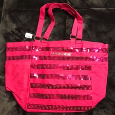 Victoria’s Secret Pink Sequined Tote 2 Side Pockets Brand New Never Used Tag Attached Taken Out Of Original Package For Picture. Cheap Victoria's Secret Shoulder Bag With Zipper, Hot Pink Bag, Gold Tote Bag, Victoria Secret Tote Bags, Grey Tote, White Studs, Beauty Storage, Victoria Secret Bags, Pink Tote