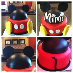 three photos of mickey mouse cake with the name minnie on it's face and ears