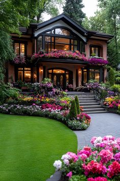 a large house with lots of flowers in the front yard and landscaping on both sides