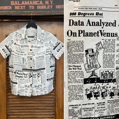 Vintage 1960's Dated 1963 Cartoon Newspaper Cotton Mod Pop Art Funny Shirt Blouse. No Size Tag. Please check the measurements below.  Very good condition. No label.  Original 1963.  Darted blouse with cabana pocket and pop art good newspaper print.   All Sales Final.   Please ask any questions before purchase.   Take a look at our Store for more Vintage Clothing - VintageOnHollywood.   MEASUREMENTS  Shoulder to Shoulder: 15 1/4" Underarm to Underarm: 20" Outer Sleeve Length (shoulder edge to cuf Retro Collared Blouse With Graphic Print, Retro White Blouse With Graphic Print, Retro White Printed Blouse, Fitted Retro Print Vintage Shirt, Fitted Vintage Shirt With Retro Print, White Retro Shirt With Vintage Print, Retro White Shirt With Vintage Print, Vintage Collared Blouse With Graphic Print, Vintage White Printed Shirt