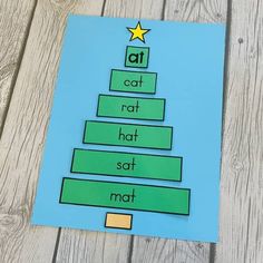 a christmas tree made out of construction paper with the words at cat and rat on it