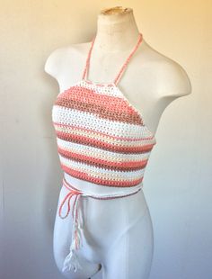 "Crochet Halter Top | Halter Top | Crochet Top | Crochet Clothing | Crochet Shirt | Crochet Halter | Summer Halter Top | Summer Top | Halter - \"Sugar Magnolia\" Crochet halter top with open back and extra long ties criss-crossed on the back and can be wrapped around the waist. Size is adjustable, can fit S/M, also can be made in any size and color! There are tassels on the ends of the ties. The halter top is made of 100 % cotton yarn. If you want a different color or size please mention it at t Halter Top Crochet, Summer Halter Tops, Top Crop Tejido En Crochet, Clothing Crochet, Shirt Crochet, Pom Pom Shorts, Crochet Halter Top, Womens Halter Tops, Asymmetrical Blouse