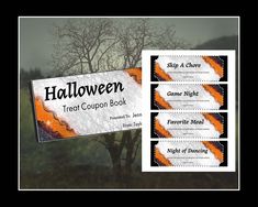 halloween treat coupon book with trees in the background