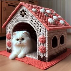 a white cat sitting in a crocheted dog house