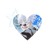 an anime character with blue eyes and white hair in a heart shaped cutout on a white background