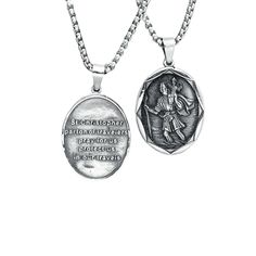 Embark on life's journeys with the protection of our Voyager's Guardian Medallion. This striking double-sided pendant features the revered St. Christopher, patron saint of travelers, meticulously crafted in weathered silver finish. One side displays an intricate relief of the saint, while the reverse bears a powerful prayer for safe travels. Crafted from durable metal, this meaningful piece serves as both a spiritual talisman and a stylish accessory. Whether you're an avid adventurer or simply navigating life's path, let this necklace be your constant companion and source of divine guidance. Vintage-inspired design with strong religious symbolism Premium 316L stainless steel - Lightweight, hypoallergenic and tarnish-resistant Retro chain included (24 inches length) Pendant with Bail 45mm x Spiritual Silver Necklace With Engraving Option, Symbolic Medallion Necklace With Engraving Option, Spiritual Antique Silver Medallion Necklace, Spiritual Engraved Oval Pendant Jewelry, Engraved Oval Pendant Spiritual Jewelry, Engraved Stainless Steel Oval Pendant Necklace, Spiritual Memorial Jewelry With Engraving Option, Spiritual Necklaces With Engraving Option For Commemoration, Memorial Medallion Necklace With Antique Finish