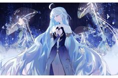 an anime character with long white hair and blue eyes holding a cat in her hands