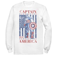 Armor up with this men's Captain America tee. Armor up with this men's Captain America tee. Crewneck Long sleeves FABRIC & CARE Cotton Machine wash Imported Size: XL. Color: White. Gender: male. Age Group: adult. Pattern: Graphic. Captain America Shirt, Vintage Flag, Marvel Captain America, Boy Tees, Pattern Graphic, This Man, Captain America, Fabric Care, Tshirt Print