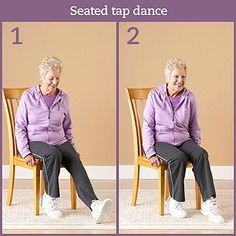 an elderly woman sitting on a chair with the words seated tap dance below her feet