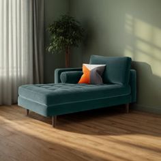 a blue couch sitting in front of a window next to a potted plant on top of a wooden floor