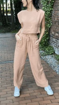 Salmon Color Outfit, Casual Peach Pants For Spring, Peach Bottoms With Pockets For Summer, Casual Peach Wide Leg Bottoms, Linen High-waisted Bottoms With Side Pockets, Cloth & Stone Cropped Linen Beige Pants, Sleeveless Beige Linen Crop Top, Beige Linen Full-length Bottoms, Ankle-length Linen Pants With Drawstring