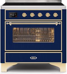 a blue oven with copper trimmings on the front and bottom, is shown