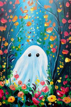 a painting of a white ghost surrounded by colorful flowers and trees, with eyes wide open