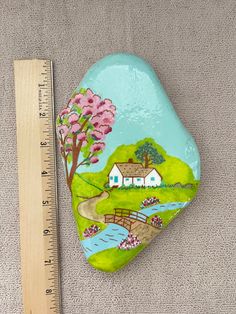 a painted rock sitting on top of a carpeted floor next to a measuring ruler