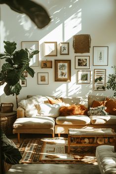 a living room filled with lots of furniture and pictures on the wall above it's couch