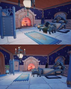 there are two pictures of the inside of a house with blue furniture and decorations on it