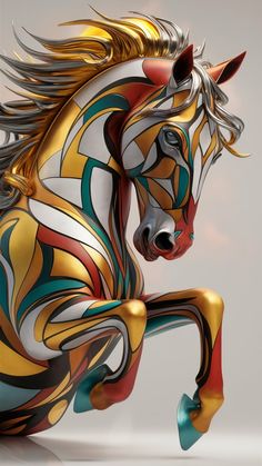 an artistically designed horse is shown in this image, it appears to be painted gold and silver