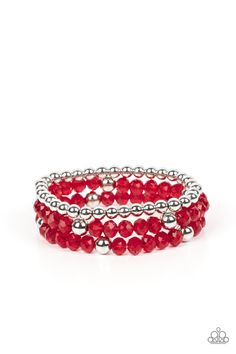 A playful collection of shiny silver beads and sparkly red crystal-like beads are threaded along stretchy bands around the wrist, resulting in colorful layers.

 Sold as one set of three bracelets. Paparazzi Games, Red Bracelet, Red Bracelets, Paparazzi Accessories, Colourful Necklace, Paparazzi Jewelry, Red Crystals, Red Bead, Pink Bracelet