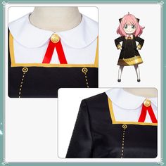 an anime character wearing a black and white dress with red ribbon around the collar, and gold buttons at the neckline