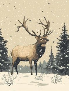 a deer is standing in the snow with trees behind it and stars on its antlers