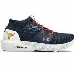 the under armour shoes are blue with red laces and white soles on top