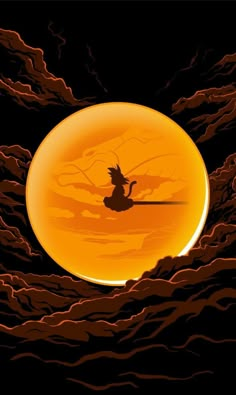 the silhouette of a witch flying in front of an orange moon