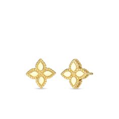 These sweet, petite earrings are from Roberto Coin's Princess Flower collection. Crafted in 18K yellow gold, a quartet of flower petals are presented in smooth gold with twisted trim. You can see the terrific texture when you view the studs from the side; they've got depth and dimension. The darling design of these dainty Roberto Coin earrings is evident from every angle, delivering delight. Roberto Coins, Roberto Coin Earrings, Petite Earrings, Small Stud Earrings, Princess Flower, Flower Yellow, Flower Collection, Coin Earrings, Roberto Coin