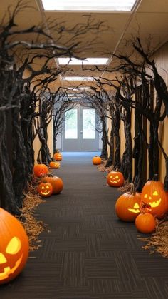 pumpkins are lined up on the walkway in front of an entrance to a building